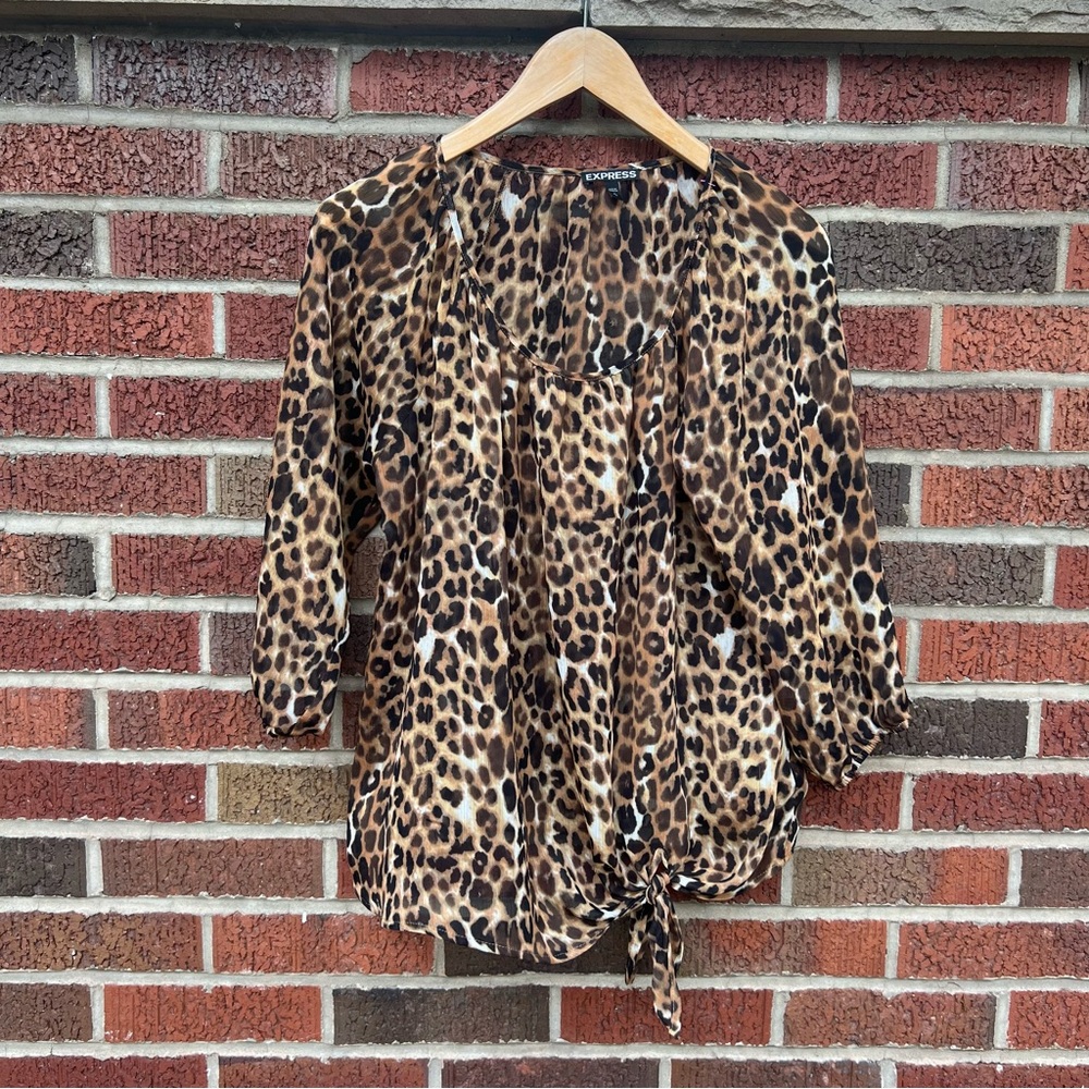 Express Brown and Black Cheetah Print Chiffon Long Sleeve Peasant Top